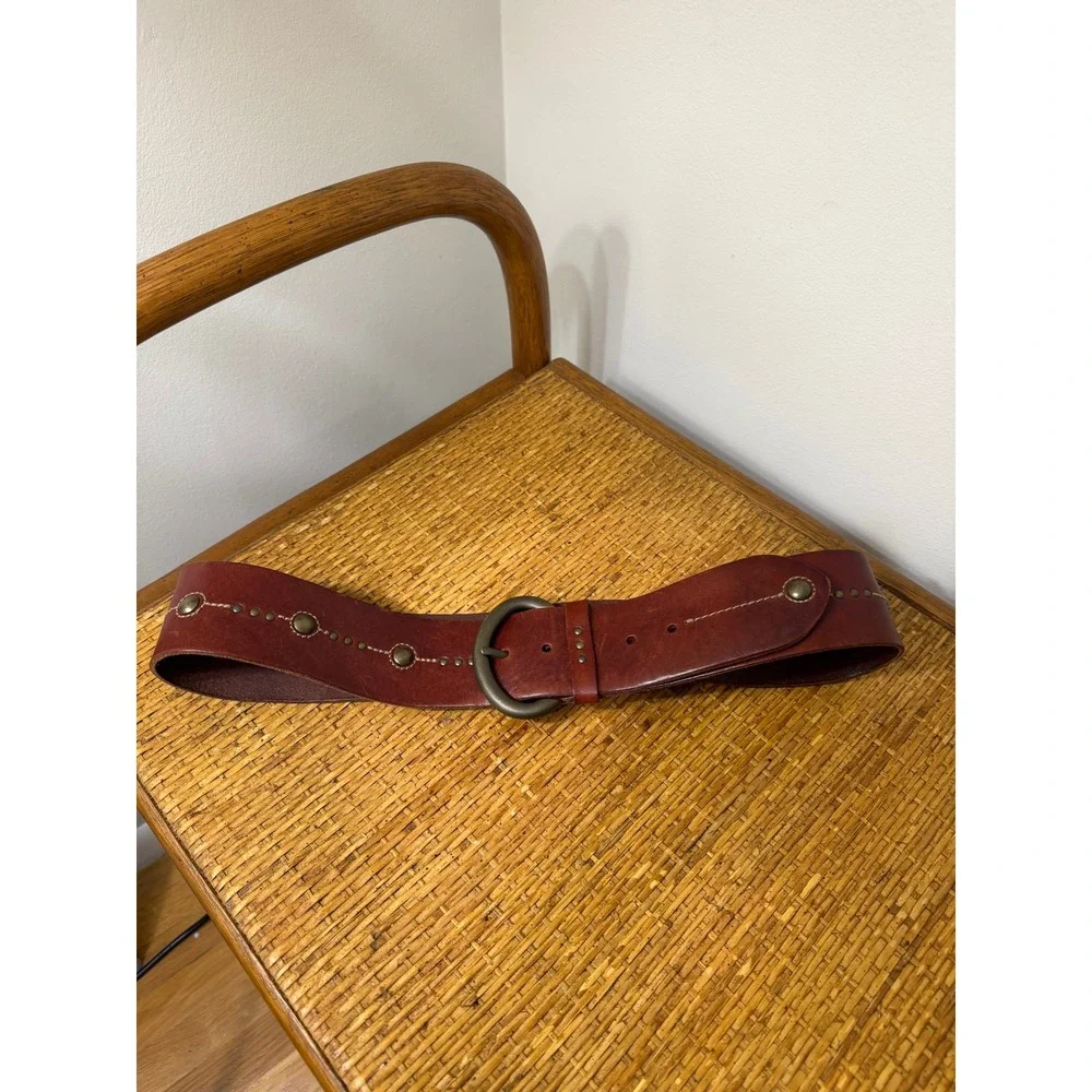 Fossil Wide Leather Belt Brown Studded Brass Horseshoe Ring Buckle Boho Western